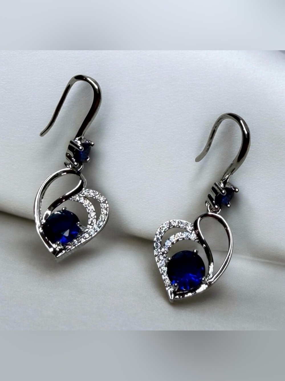 Sterling Silver Heart Drop Earrings with Blue Gemstones